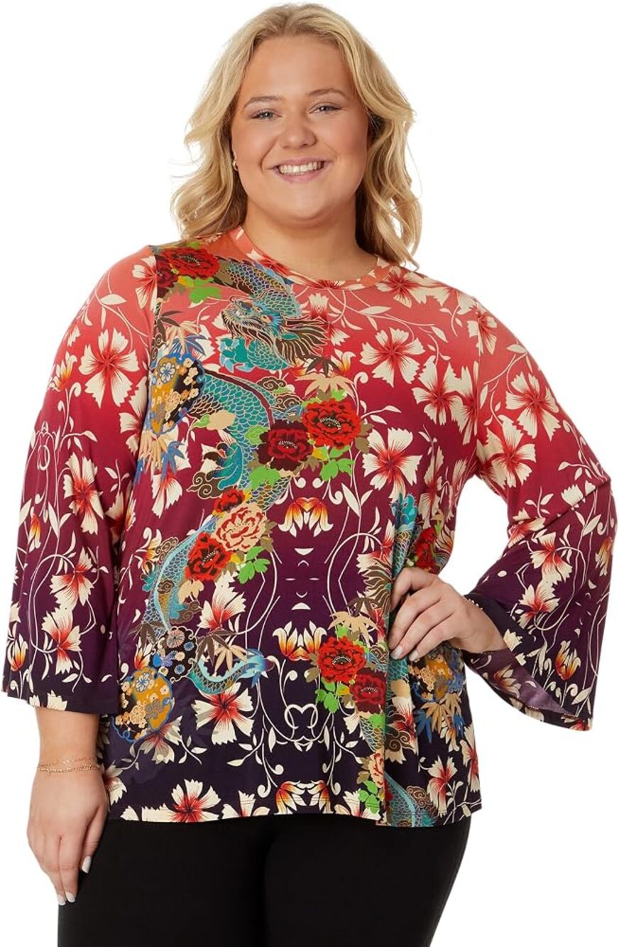 NWOT $160 Johnny Was Adalena Kimono Sleeve Tunic Top Tee Red Floral XXL